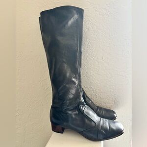 Cobbies Tall Black 70s 80s Leather Zip Up Boots VTG Size 9.5 Wood Heel